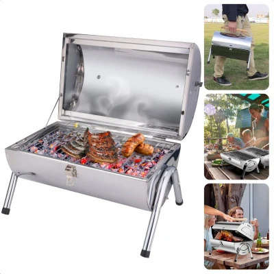 Afbeelding van Cheqo® Draagbare Barbecue Houtskoolbarbecue Houtskool BBQ Dubbel Grillrooster Compact Reisformaat RVS Koffermodel Inclusief EBOOK