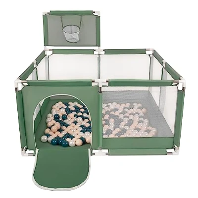 Afbeelding van Selonis Kinderbox met Mand en 200 Ballen, Groen:Donker Turquoise/Pastel Beige/Parel