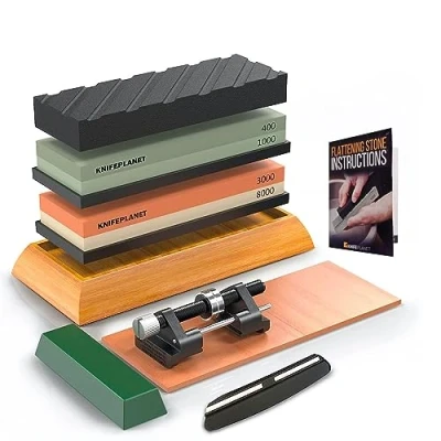 Afbeelding van KnifePlanet Professionele en veilige slijpstenen voor messen 400/1000 3000/8000 met slijpsteen, bamboe basis, 2 antislip rubberen basis