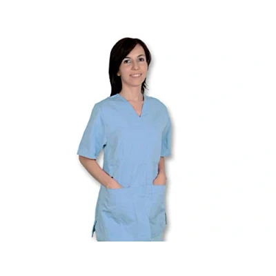 Afbeelding van Gima Jas van katoen en polyester, voor ziekenhuizen, kleur: lichtblauw, V hals, halve mouwen, 5 knopen, uniseks, maat XXL, artsen, dierenartsen, verpleegkundigen gezondheidspersoneel