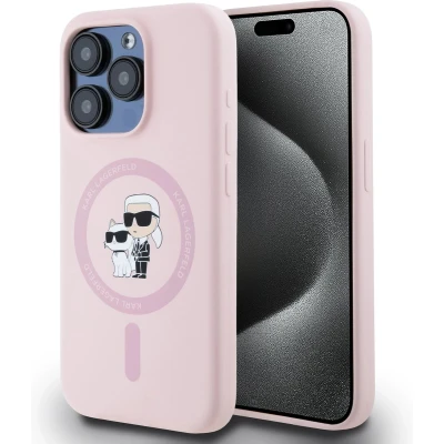 Afbeelding van Karl Lagerfeld iPhone 15 Pro Backcover hoesje Magsafe KC head Ring Roze