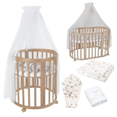 Afbeelding van Waldin OWAL Baby Bed 7in1, Lit à Barreaux avec Matelas, Commode Langer, Évolutif Bébé Ovale Matelas et Roulettes, Bois Naturel, Tissus Pissenlit Blanc