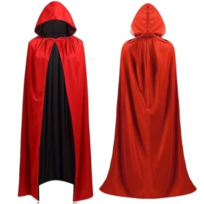Afbeelding van Rode en zwarte cape met capuchon voor Halloween carnaval vampierkostuum kinderen volwassenen, aan beide zijden