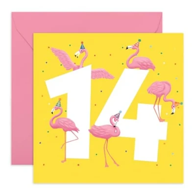 Afbeelding van CENTRAL 23 verjaardagskaart 14 jaar voor meisjes, flamingo, jaar, tieners, cadeau verjaardagskaarten nichtje, levering met stickers