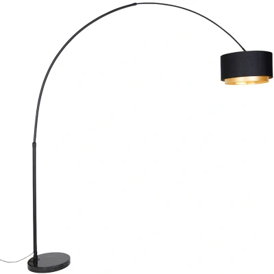 Afbeelding van QAZQA shade duo Moderne Booglamp Vloerlamp Staande Lamp met kap 1 lichts H 269 cm Zwart Goud Woonkamer Slaapkamer