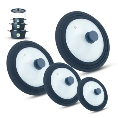 Afbeelding van M.S.N Set van 4 universele glazen deksels voor potten en pannen 16/18/20 cm, 20/22/24 24/26/28 cm 28/30/32 met uitlaatventiel siliconen rand, grijs