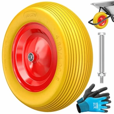 Afbeelding van MASKO® PU Kruiwagenwiel Massief Rubber 4.80/4.00 8 Ø 390mm inclusief As Vervangwiel voor Kruiwagen Tuinwagen Wiel Geel / Rood