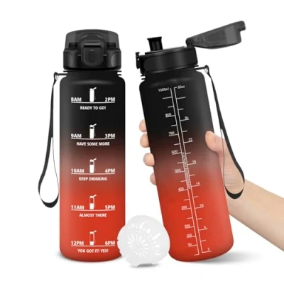 Afbeelding van Gourde, 1000ML Sans BPA, Gourde sport, Conception de Verrouillage Anti Fuite, Bouteille, Avec Horodatage, Bouteille Eau pour École, Yoga, En cours d&#039;exécution, Escalader Des Montagnes NoirRouge
