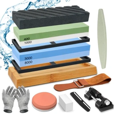 Afbeelding van YUTUY Schuursteen, professionele messenslijper, 400/1000 3000/8000, messenslijper set met antislip bamboebasis, platte steen, leer, hoekgeleiding