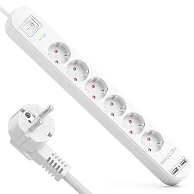 Afbeelding van deleyCON 5 m stekkerdoos met 6 vakken USB, x geaarde stopcontacten, 2 USB A oplaadaansluiting, bijv. mobiele telefoon en tablet, overspanningsbeveiliging, aan/uit knop, wit