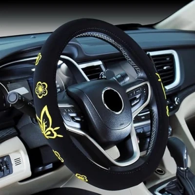 Afbeelding van 2018 Leuke Auto Vrouw Borduurwerk Stuurhoes (Gele Vlinder)