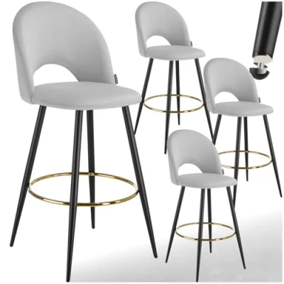 Afbeelding van tectake® Set van 4 Barkrukken Sachel Gestoffeerde Barkruk met rugleuning Barstoelen Ergonomische Barstoel voetensteun Eetkamerstoel fluweellook bekleding Stevige stalen poten antislip vloerbescherming Lichtgrijs/Zwart