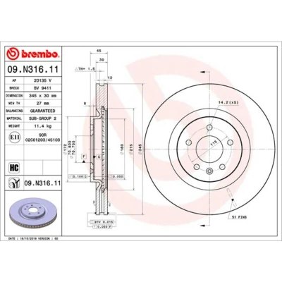 Afbeelding van BREMBO 09.N316.11 Remschijf 345 30 5 interne ventilatie Gecoat High carbon OPEL: Insignia B Sports Tourer, Grand Sport