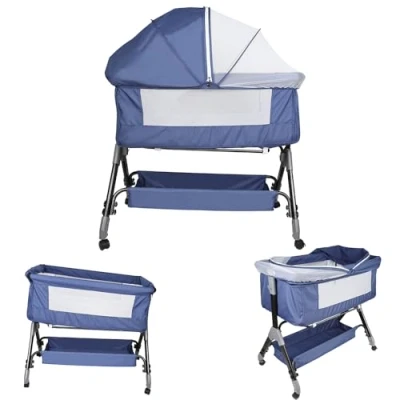 Afbeelding van WODFARR Cododo babybed, 2 in 1, wieg met matras en muggennet, babywieg, draagkracht 50 kg, hoogteverstelling (104 x 52 103 115 cm, marineblauw)