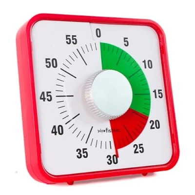 Afbeelding van FISHTEC grote mechanische timer vierkant rood 60 minuten 2 kleurzones cijfers Vrijstaand of magnetisch Keuken, klaslokaal Tijdmanagement examen 19 x 4,5 cm