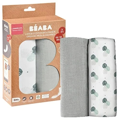 Image de BÉABA, Lot de 2 Langes Bébé, Mousseline Coton Biologique, Multi usages : Couverture emmaillotage, Bavoir, nomade, Doudou, Ultra doux, Respirant,120cm, Ecologique et Sain, Gris/Jungle