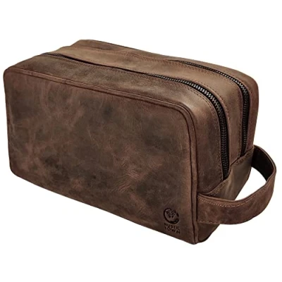 Afbeelding van Rustic Town Handgemaakte toilettas voor op reis van echt leer, toilettas, scheerset en make up set, reiscadeau mannen vrouwen, Bruin, L, verpakking organizer