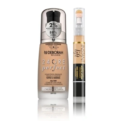 Afbeelding van Deborah Milano Make upset met vloeibare foundation 24 uur Perfect, SPF 20, N.02 True Beige, hyaluronzuur, 30 ml en Instant Lift Concealer, 3.1 nude, illuminate effect