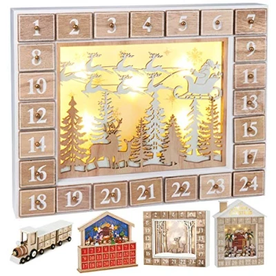 Afbeelding van BRUBAKER Herbruikbare houten Adventskalender om te vullen Vliegende kerstman met LED verlichting Doe het zelf kalender 35,5 x 6 27 cm