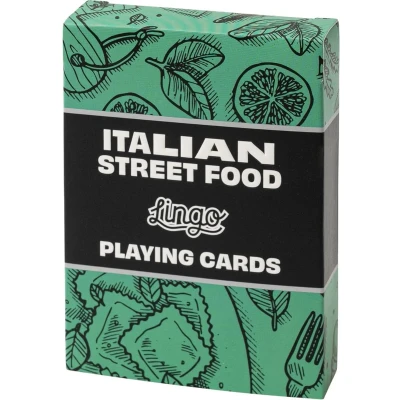 Afbeelding van Lingo Italiaanse straatvoedsel speelkaarten playingcards Reis flashcards jong en oud Street Food Recepten &amp; Tips op een leuke gemakkelijke manier Flashcard Deck 52 essentiële vertalingen 8.99x6.5x1.7 cm 91g