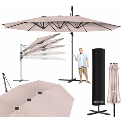 Afbeelding van KESSER® Dubbele parasol met hoes, bescherming tegen de wind, tuinparasol, marktparasol, terrasparasol, zwengel, ovaal, aluminium, uv bestendig, waterdicht, Taupe