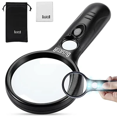 Afbeelding van BUSATIA Vergrootglas met licht 3X 45X, Verlichte leesloep 3 LED, Hoge helderheid &amp; lichtgewicht handloep voor senioren, juweliers, handwerk, boeken een lensdoek en koordzakje