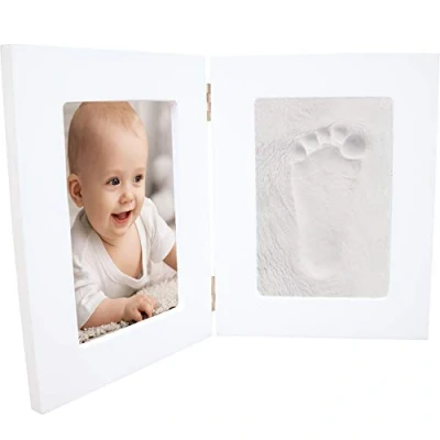 Afbeelding van Happy Hands Grote handafdrukken met dubbel frame, voor babyhand of voetafdrukken (afmetingen: 19 x 24,5 cm, eenvoudig te hanteren, huidvriendelijke modelleerklei, wit