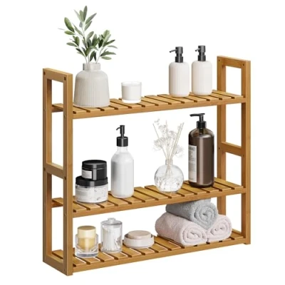 Afbeelding van SONGMICS Badkamerrek, bamboe rek, plantenrek met 3 verstelbare planken, wandmontage, vrijstaand, voor woonkamer, hal, keuken, 15 x 60 54 cm, koffiebruin BCB013K01
