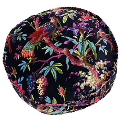 Afbeelding van Riva Paoletti Paradise kussensloop, rond, kleurrijke vogelprint, imitatiestof fluwelen stof, gestikte randen, 100% katoen, zwart, 50 x 12 cm, ontworpen in Groot Brittannië