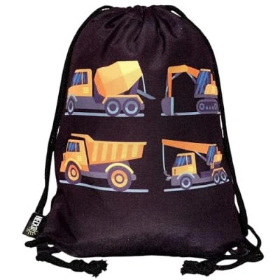 Afbeelding van HECKBO Gymtas voor meisjes en jongens, dinosaurus dino motief, 40 x 32 cm, kleuterschool, rugzak, sporttas, kinderrugzak, stoffen tas, 4 bouwvoertuigen zwart