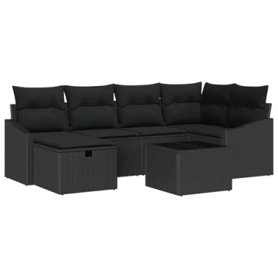 Afbeelding van vidaXL 7 delige Tuinsalonset met Kussens Zwart Poly Rattan