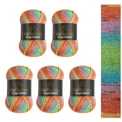 Afbeelding van Wollbiene Crazy Cotton Batik 5 x 100 g, 500 g met kleurverloop, 55% katoen, meerkleurig, breiwol voor haken alle seizoenen (6010 oranje, groen, mint)