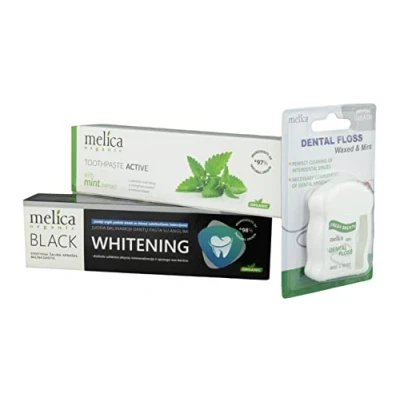 Afbeelding van 3x MELICA ORGANIC Biologische TANDPASTA en FLOS SET 98% Natuurlijke WHITENING BLACK CHARCOAL HOUTSKOOL voor WITTE Tanden Actieve MUNT met XYLITOL, CITRUSOLIE CALCIUM zonder Fluoride 200ml + Waxed &amp; Mint Floss 50m