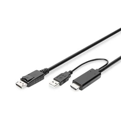 Afbeelding van Digitus AK 330111 020 S HDMI kabel DisplayPort / Aansluitkabel bus, A stekker, USB stekker 2 m Zwart 4K UHD, Afgeschermd (dubbel),
