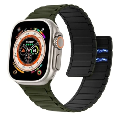 Afbeelding van Astorgos Magnetische armband compatibel met Apple Watch Ultra/Ultra2 49 mm/iWatch Series 9/8/7/6/5/4/3/2/1/SE 38/40/41/42/44/45 mm, verstelbare siliconen sportarmband