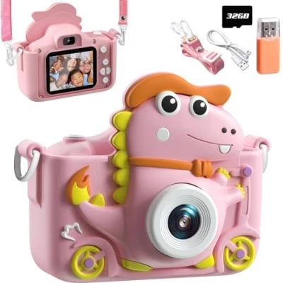 Afbeelding van Digitale dinosauruscamera, 2 inch, 1080p, 32 GB, selfie camera, cadeau, kinderspeelgoed, 3, 4, 5, 6, 7, 8, 9, 10, 11, 12 jaar, roze