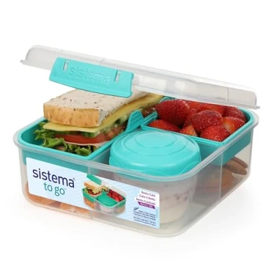 Afbeelding van Sistema TO GO Bento Cube Box 1,25 liter Schoollunchbox met compartimenten en een snack pot BPA vrij 1 stuk blauwgroen mint