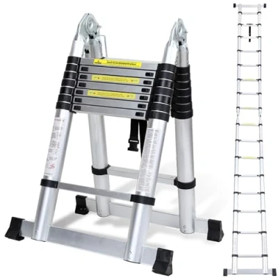 Afbeelding van Cecaylie telescopische ladder met draaggreep, 5 (2,5 + 2,5) m, antislip, multifunctioneel, draagbaar, van aluminium, belastbaar tot 150 kg