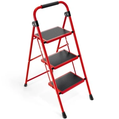 Afbeelding van KINGRACK Opvouwbare trapladder met 3 treden antislip en breed pedaal, kleine ladder handgreep, robuuste stalen ladder, lichte draagbare trapladder, rood