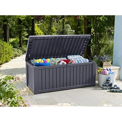 Afbeelding van Koll Living Opbergbox/kussenbox 570 liter l 100% waterdicht met ventilatie daardoor geen slechte geur / schimmel moderne houtlook deksel belastbaar tot 250 kg (2 personen) (antraciet)
