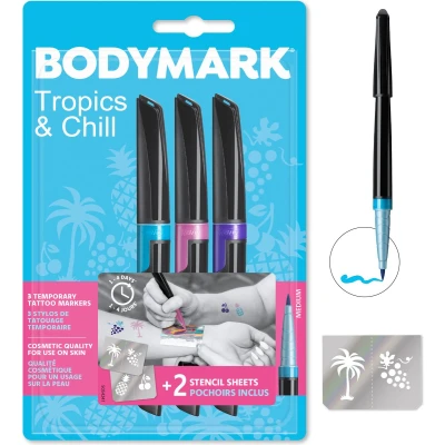 Afbeelding van BIC BodyMark Tijdelijke tattoo Pennen met sjablonen New School Set van 3 kleuren stiften Festival Halloween Cosplay