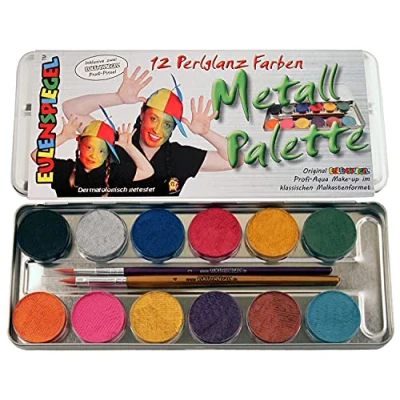Afbeelding van Eulenspiegel 212028 Metaal parelmoer kleurenpalet, 12 x 3,5 ml, 2 kwasten, make upverf