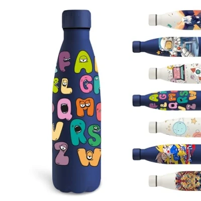 Afbeelding van Grsta Thermosfles voor kinderen, 500 ml, gepersonaliseerde waterfles met letters, metalen fles, lekvrij, BPA vrij, vacuüm geïsoleerd, school, kantoor, camping, marineblauw