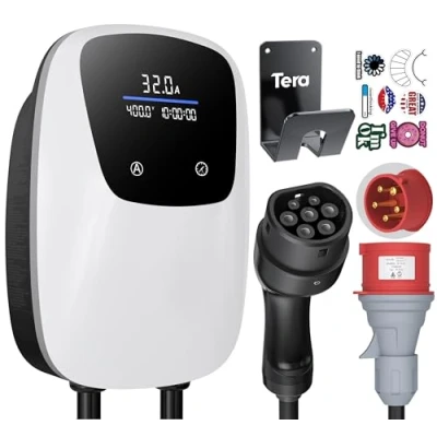 Afbeelding van Tera EV oplader met reservering 32 A type 2 22 kW laadstation 400 V Wallbox 7 m CE en TÜV gecertificeerde oplaadkabel kabelhouder CEE stekker 3 fasen van 1 voor alle EVs PHEVs