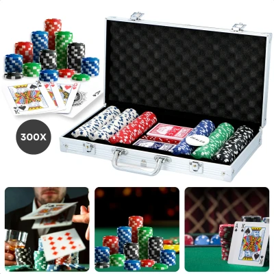 Afbeelding van Cheqo Pokerset Aluminium Koffer Pokeren Poker Set met 300 Fiches Spel voor 5 Personen Inclusief Dobbelstenen en Kaarten