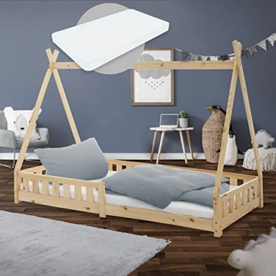 Afbeelding van Kinderbed met uitvalbeveiliging en lattenbodem 90x200 cm naturel dennenhout ML Design