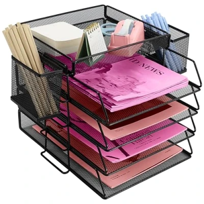 Afbeelding van ideallife Stapelbare brievenbak van metaal Tijdschriftenhouder Met 4 brievenbakjes 2 pennenhouders Voor kantoor, school, thuis (4 niveaus)