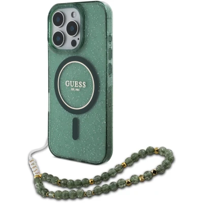 Afbeelding van Guess Hoesje Geschikt voor iPhone 16 Pro Met Koord MagSafe IML Case with beads strap groen