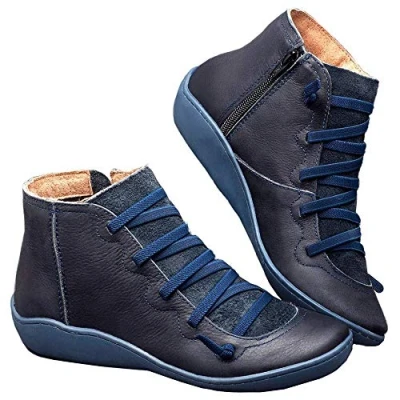 Afbeelding van Kinloy Veterlaarzen voor dames met ondersteuning van de voetboog en platte hak, ritssluiting aan zijkant, waterdicht, vintage, leer, antislip, herfst, winter, vrijetijdsschoenen, maat 36 41, Blauw