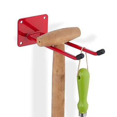Afbeelding van Relaxdays bezemhouder staal rood tuingereedschapshouder 25 kg gereedschapshaak muur